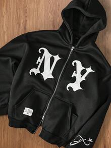 TOKVUE 男士街头风热销INS字母亮面刺绣休闲街头服饰，男友/老公礼物，周年纪念礼物，黑色卫衣 - 黑色 - 查看 3