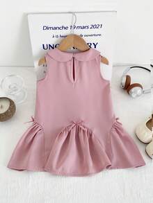 Souflis Souflis Vestido de verano para niñas bebé, color principal en rosa suave, con cuello Peter Pan y diseño sin mangas, volante en el bajo, acento de lazo en la cintura para un estilo de princesa dulce, ropa de bebé niña elegante y adorable - Rosa - Ver 3