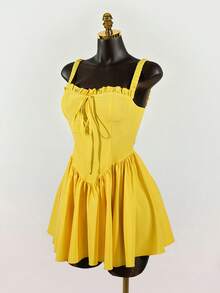 SaltGleam SaltGleam Women's Solid Color Frill Trim Front Tie Camisole Bodycon Dress - Yellow - View 4