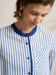 Airaco Women's Striped Round Neck Long Sleeve Single-Breasted Casual Pocket Shirt - Blue - View 4