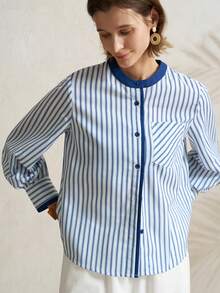 Airaco Women's Striped Round Neck Long Sleeve Single-Breasted Casual Pocket Shirt - Blue - View 6
