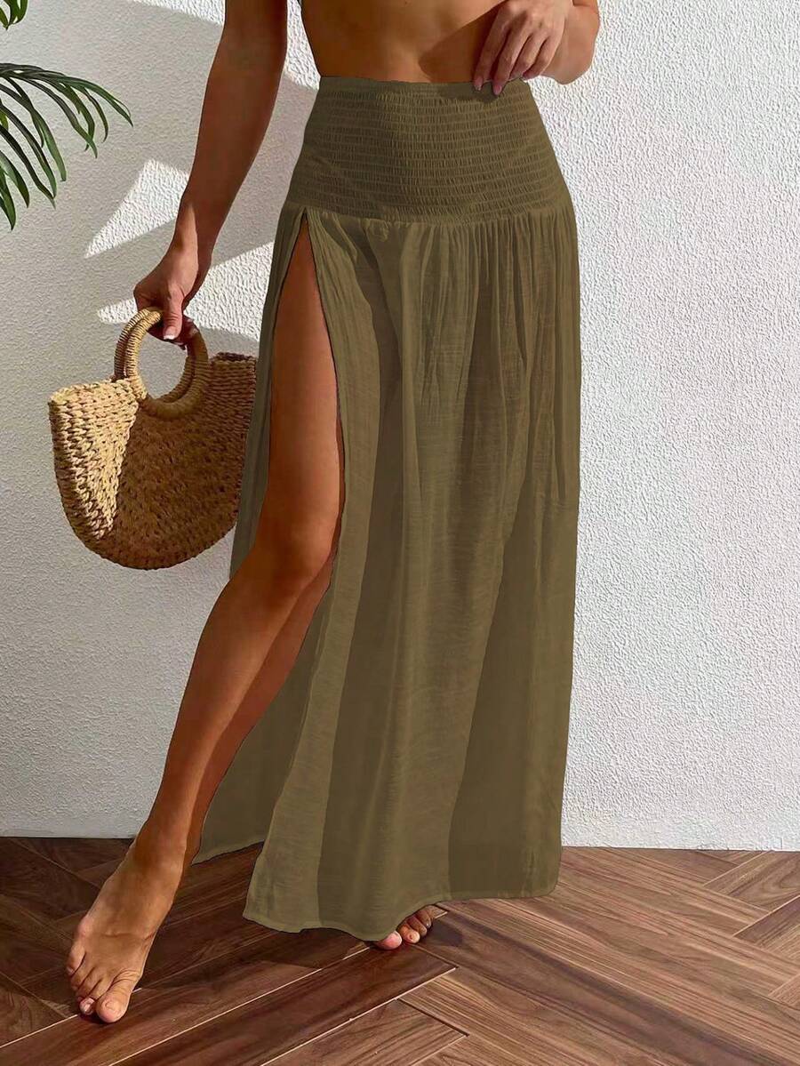 Swim Vcay Váy maxi mùa hè dành cho nữ, màu trơn, xẻ tà bên hông, thích hợp mặc đi biển. - Màu nâu Mocha - Xem 1