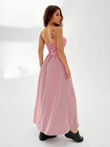 SHEIN EZwear Đầm quây eo kẻ sọc kiểu dáng thường ngày dành cho nữ, mùa hè. - Đỏ - Xem 2