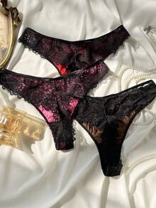 3pcs/Set Women's Fashion Comfortable Lace Trim Thong Panties - Multicolor - View 3