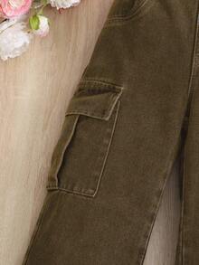 Young Girl' Street Baggy Pocket Wide Leg Cargo Jeans Fall Winter - Coffee Brown - View 4