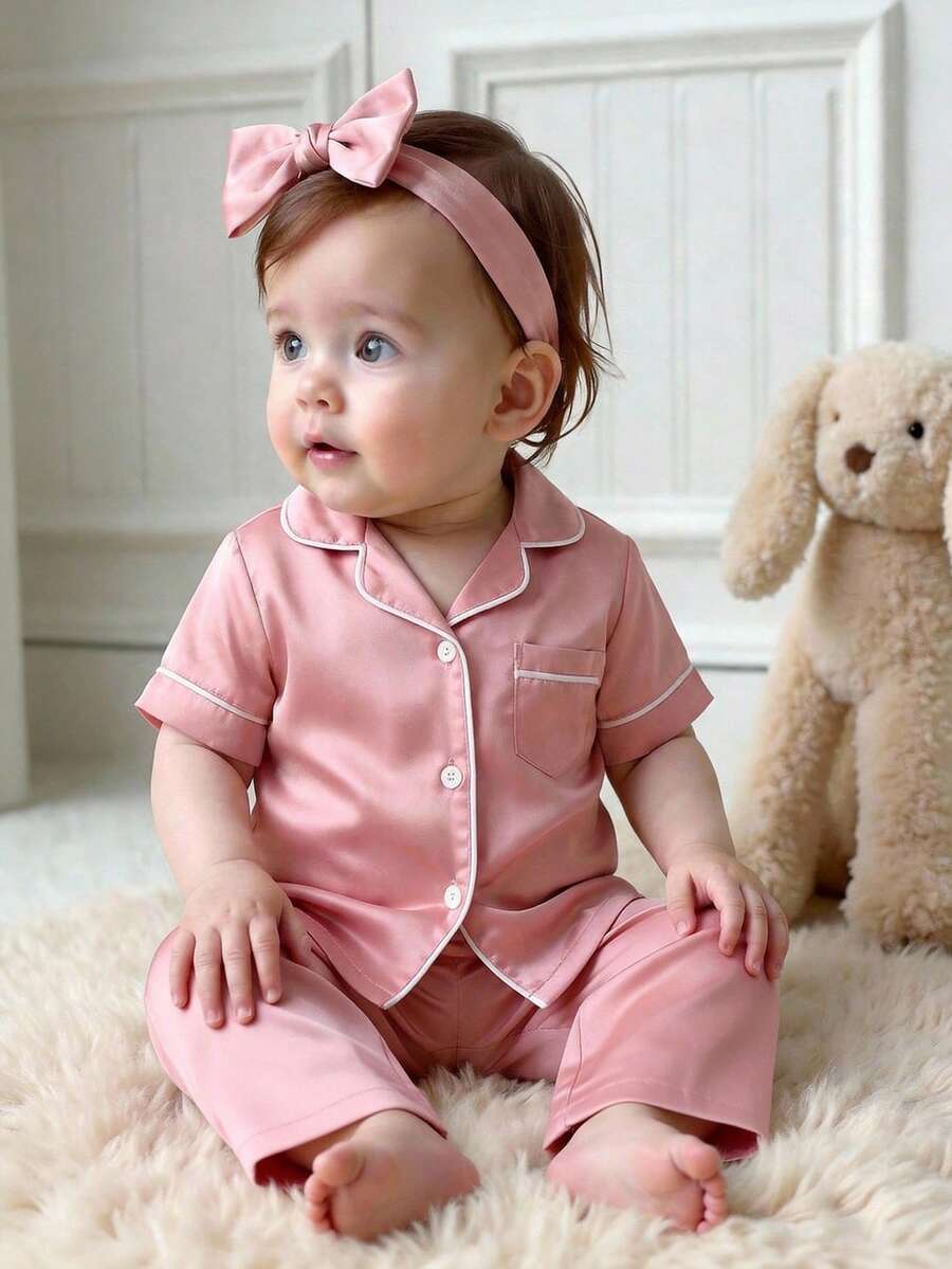 两件套可爱女婴休闲简约短袖衬衫和长裤套装，翻领设计，法式优雅淑女风，返校季，时尚街头风，母女亲子装 - 粉色 - 查看 1
