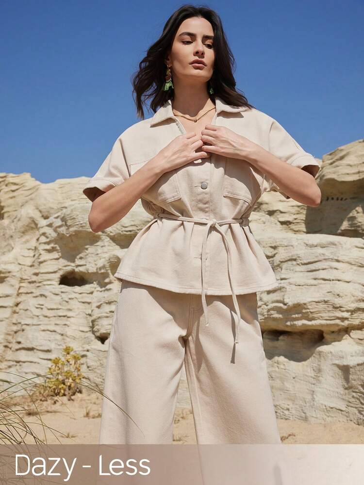 Women's Solid Color Minimalist Daily Short Sleeve Top And Jeans Set Business Casual Woman Summer