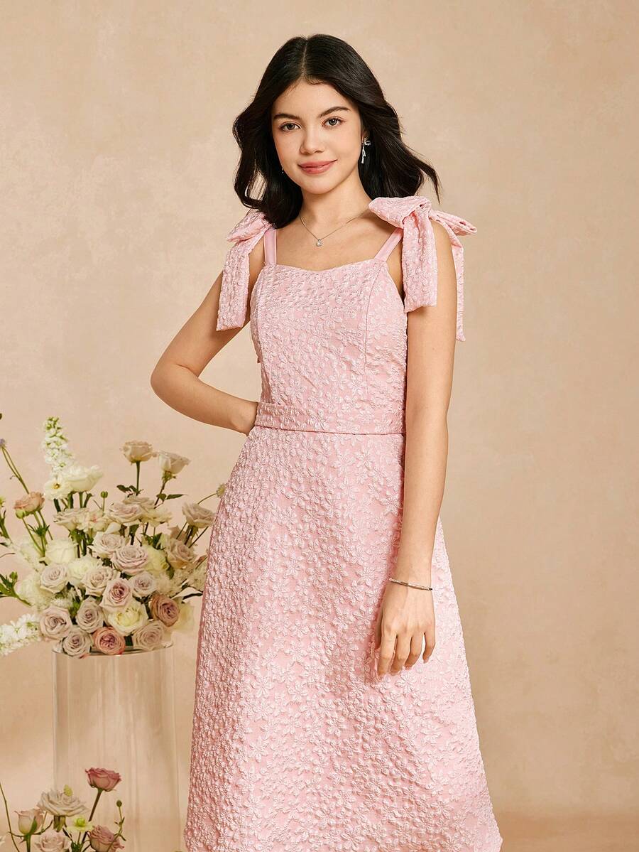 Đầm dài thanh lịch, sang trọng màu hồng jacquard, thiết kế dây mảnh, eo có thể tháo rời, ôm sát, tuyệt đẹp dành cho thiếu nữ. - Hồng - Xem 1