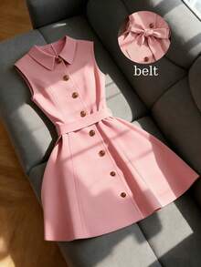 Franclia Women's Elegant Dusty Pink Sleeveless Button Dress With Belt,Summer Brunch Valentine's Day Style Collar Everyday Wear Business Commute - Pink - View 8