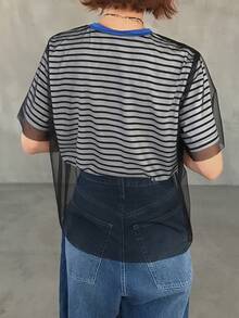 FRIFUL 女士春夏短袖条纹透视网纱面料休闲宽松百搭T恤 - 黑色 - 查看 3