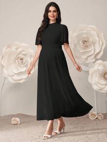 SHEIN 孕妇纯色褶皱优雅派对连衣裙 - 黑色 - 查看 4