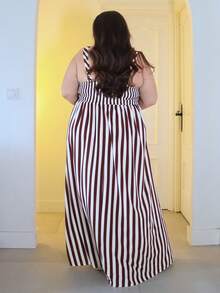 Pretty and Ole 女士优雅无袖条纹中长连衣裙，夏季 - 咖啡棕 - 查看 2