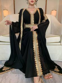 DAZY 2pcs Women's Middle Eastern Dubai Arabic Style Dress With Ribbon Trim - Black - View 4