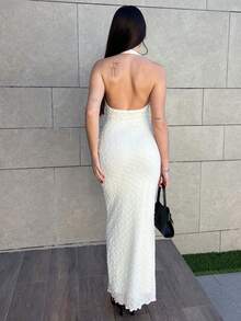 Hitanina 春夏新款浪漫 V 领纹理紧腰修身长裙，优雅约会之夜造型 - 杏色 - 查看 2