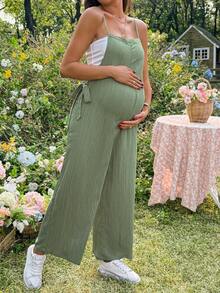 SHEIN 孕妇纯色打结休闲连体裤，春夏款 - 綠色 - 查看 6