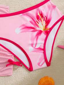 少女碎花荷叶边泳衣套装，含罩衫和迷你裙，夏季假日 - 粉色 - 查看 6