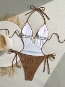 Soleia 女士橄榄绿针织提花纹理V领露背挂脖连体泳衣，适合海滩度假 - 咖啡棕 - 查看 2