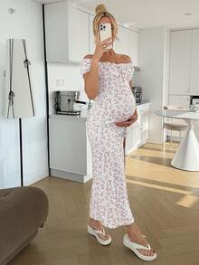 SHEIN Maternity Summer Vacation Style Ditsy Floral Off-Shoulder High Slit Hem Fitted Nursing Dress Maternity Dress Baby Shower Babyshower Dress Pregnancy Photoshoot Dress Bridal Shower Dress Sexy Maternity Dress - Multicolor - View 5