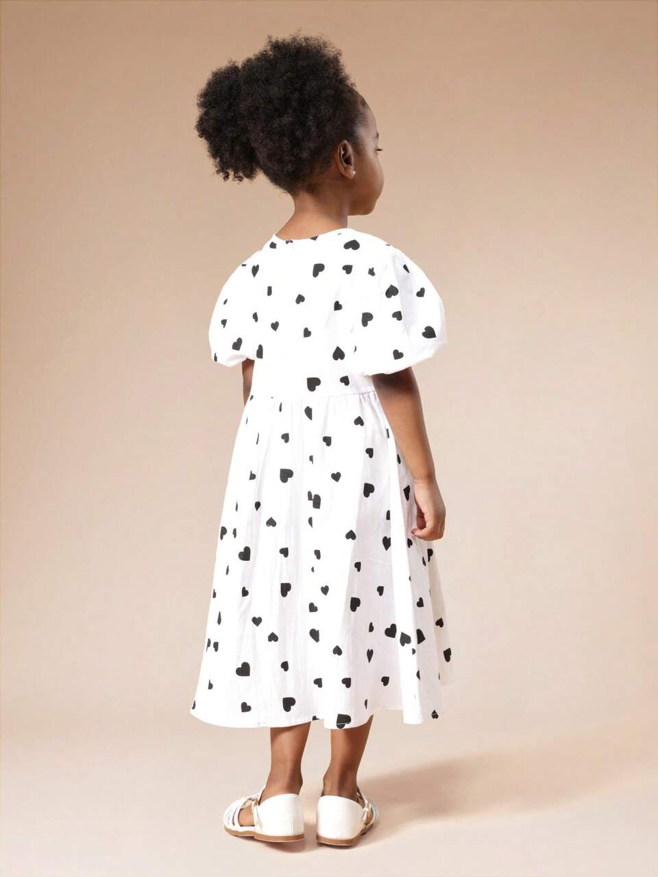 Heart Print Dress With Puff Sleeves
