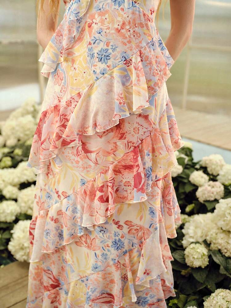 ASYMMETRIC RUFFLE HEM FLORAL PRINT SLEEVELESS DRESS, SPRING/SUMMER