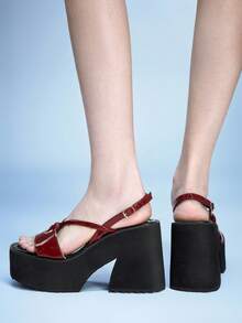 Sugerpunk Giày sandal đế xuồng cao gót thời trang cho nữ, kiểu dáng punk tối giản, cổ thấp, mũi vuông, quai chéo mắt cá chân, khóa cài, hở mũi, thích hợp cho hộp đêm, tiệc tùng, kỳ nghỉ, đi làm, giày nữ tiện dụng. - Màu Đỏ Sâu - Xem 6