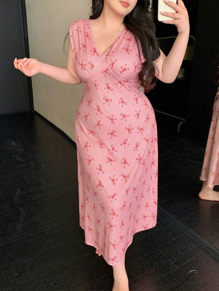 Dazy Plus Plus Size Women Bow Floral Print Bodycon V-Neck Sexy Long Nightgown, Spring/Summer