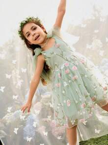 SHEIN Glamorique Kids 花童、生日派对、婚礼、节日礼服、女童公主裙、幸运大蝴蝶结、花卉网纱蓬蓬裙、参加派对或特殊场合、华丽连衣裙、可爱、美丽、四季皆宜、复活节、夏季、优雅派对礼服 - 綠色 - 查看 12