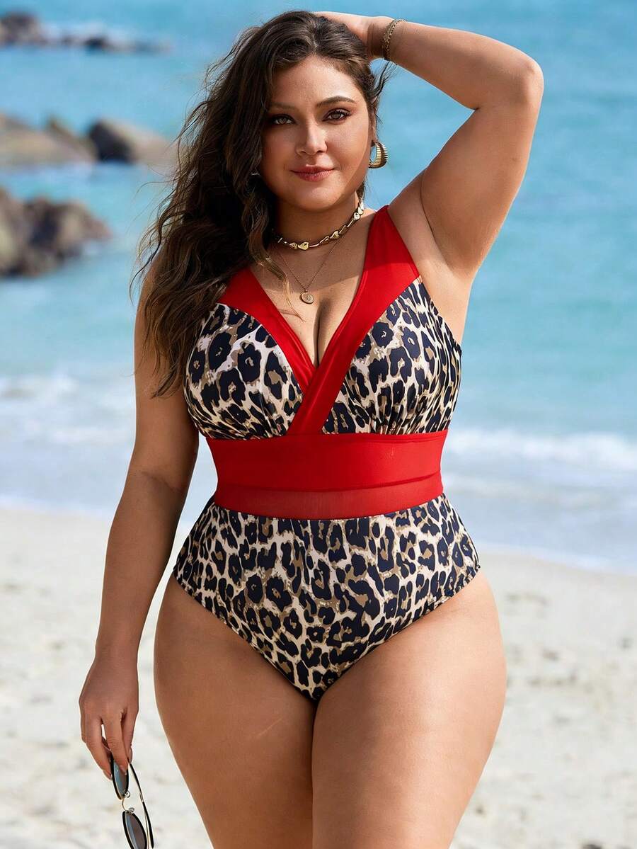 Swim Lushoire Baju Renang One-Piece Seksi Wanita Ukuran Plus Warna Hitam dengan Motif Leopard Acak dan Jala Kontras - Merah - View 1
