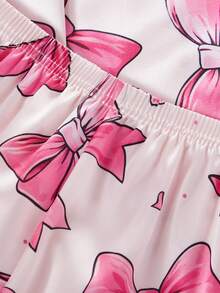 Set de 2 piezas de pijama informal y cómodo con pantalón largo y manga larga con estampado de moño en tela de tafetán para niñas jóvenes - Albaricoque - Ver 6