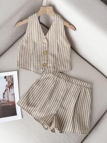 Firerie Kids Firerie Kids Tween Girl Casual Khaki Striped Metal Decor Backless Crop Top And Shorts Set, Commuting Outfit - Khaki - View 9