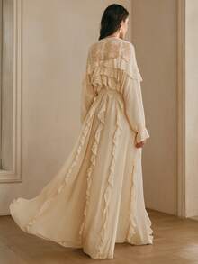 Anewsta Women's Long Sleeve Round Neck Lace Trim Dress,Cream Summer Elegant Party Flowy Chiffon Layered Ruffle Hem Ethereal Frilly French Style Wedding Dress - Apricot - View 4
