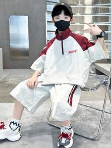 SHEIN Conjunto de Camisa de Manga Raglan com Estampa de Letra e Shorts Folgados para Meninos Pré-Adolescentes - Damasco - Visão 6