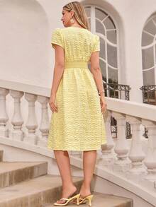Amorya Women's Regular Fit Yellow Jacquard V-Neck Ruched Waist Midi Dress - Yellow - View 2