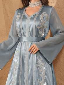 Al Najma Satin Solid Color Ribbon Decor, Adorn With Luxurious 3D Floral, Waist-Cinching Elegant 2 In 1 Arabian Dress - Blue - View 2