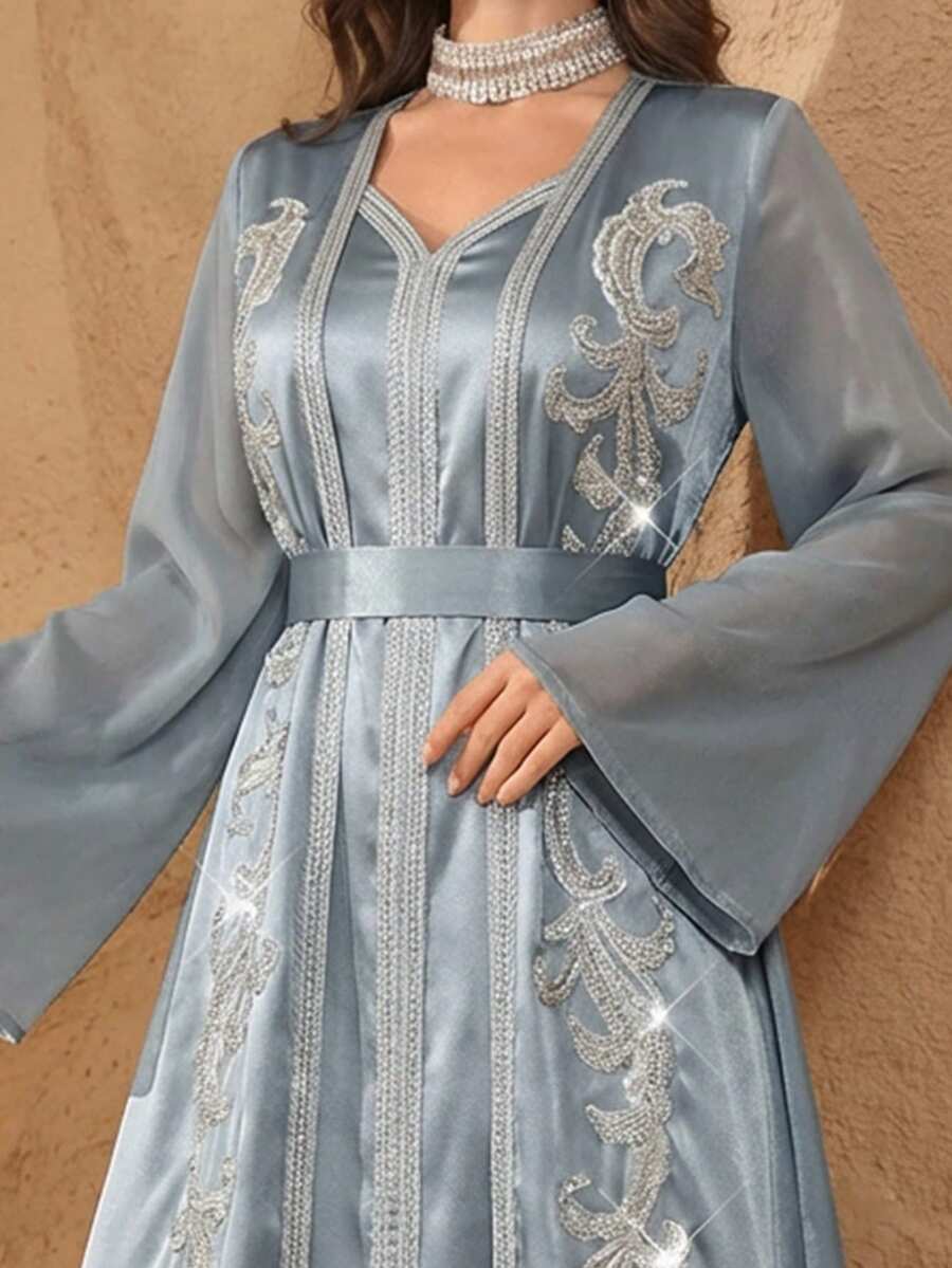 Al Najma Satin Solid Color Ribbon Decor, Adorn With Luxurious 3D Floral, Waist-Cinching Elegant 2 In 1 Arabian Dress