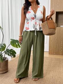 SHEIN Frenchy Bộ 2 món dành cho nữ cỡ lớn, kiểu dáng thời trang thường ngày, gồm áo in họa tiết và quần dài đến mắt cá chân, thích hợp cho kỳ nghỉ, hẹn hò, mặc hàng ngày, mùa xuân/hè. - Nhiều màu - Xem 7