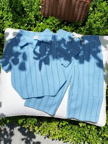 SHEIN 2pcs/Set Baby Boy/Girl Comfortable Casual Versatile Khaki Striped Collar Short Sleeve Shirt Knit Top And Pants Set, Suitable For Spring/Summer Indoor, Outdoor, Daily, Sports, Play, Party, Photo Shoot, Holiday, Festival - Baby Blue - View 7