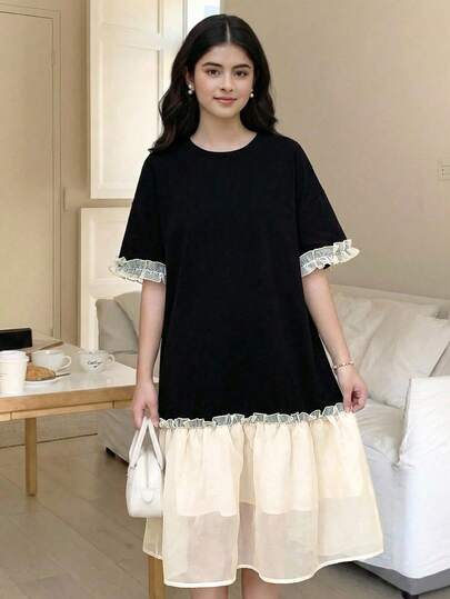 SHEIN 少女黑白拼接撞色欧根纱荷叶边宽松休闲简约直筒连衣裙