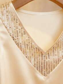 Franclia Elegant Champagne Gold Summer Satin Blouse For Women,Aniversary French Style V-Neck Batwing Sleeve Shirt,Sequins Embellishment Smooth Fabric Top - Champagne - View 4