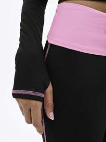 BABYPHAT 女士拉链连帽卫衣，粉色撞色帽子，猫咪印花拼接设计，长袖休闲上衣，秋冬款 - 黑色 - 查看 6