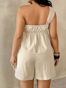 Auralis Conjunto de 2 piezas de lino y algodón beige para mujer, estilo casual elegante de verano para vacaciones y días festivos, top con nudo retorcido, tirantes anchos y bajo asimétrico & shorts con cordón - Albaricoque - Ver 4