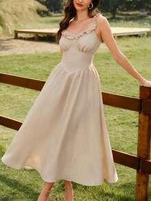 Vintamour Vintage Classic Elegant Floral Ruffle Hem Fit & Flare Dress, Apricot Color Umbrella Skirt Slip Dress For Spring/Summer - Apricot - View 6