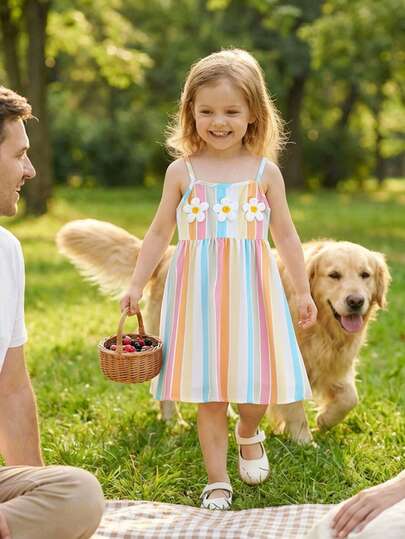 这款女童彩色条纹吊带连衣裙采用轻盈柔软的面料制成，竖条纹设计充满活力，胸前饰有3D立体花朵，增添甜美童趣，细肩带剪裁贴合身形。