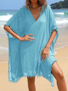 Swim Vcay 女士纯色V领宽松流苏装饰沙滩度假罩衫连衣裙，春夏秋季 - 淺藍色 - 查看 5