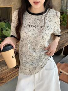 DAZY 女士圆领撞色滚边短袖休闲夏季T恤，纹理面料 - 米色 - 查看 3