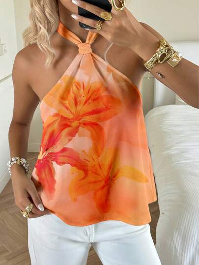 SHEIN EZwear 橙色芙蓉花印花女士吊带上衣，休闲简约度假风，春夏海滩巡航波西米亚西部风情节日海岛女孩复古海滨浪漫度假氛围春假可爱居家柔美女孩洁净女孩音乐节演唱会婚礼宾客城市旅行优雅假日装