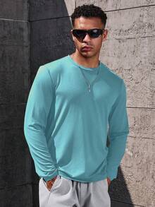 Manfinity Homme Men's Solid Color Round Neck Casual Versatile Long Sleeve T-Shirt, Spring/Summer - Baby Blue - View 6