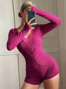 DAZY Charming Lace Patchwork Knitted Ruched Design Short Women Pajama Jumpsuit - Purple - View 6
