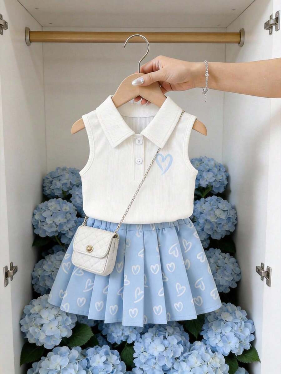 SHEIN 2pcs/Set Baby Girl Spring&Summer Casual Style Bowknot-Shape Embroidery Sleeveless Top&Short Pleated Skirt - White - View 1