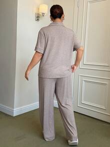Dream Adore Plus Size Women Loose Comfortable Knit Collared Short Sleeve Pajama Set - Mocha Brown - View 2